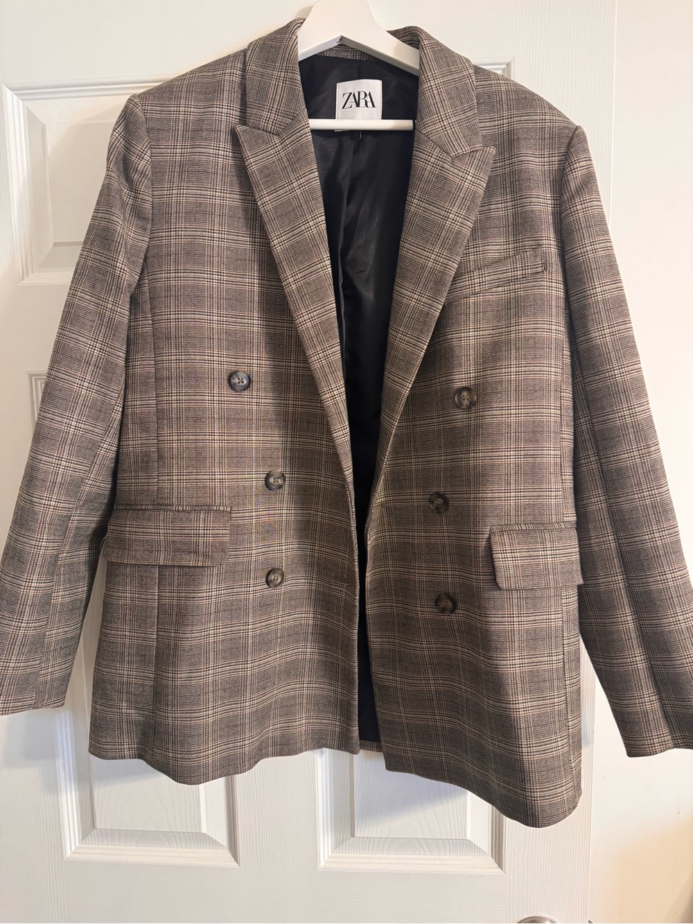 Zara Plaid Double-Breasted Blazer - Brown Plaid - Picture 3 of 4